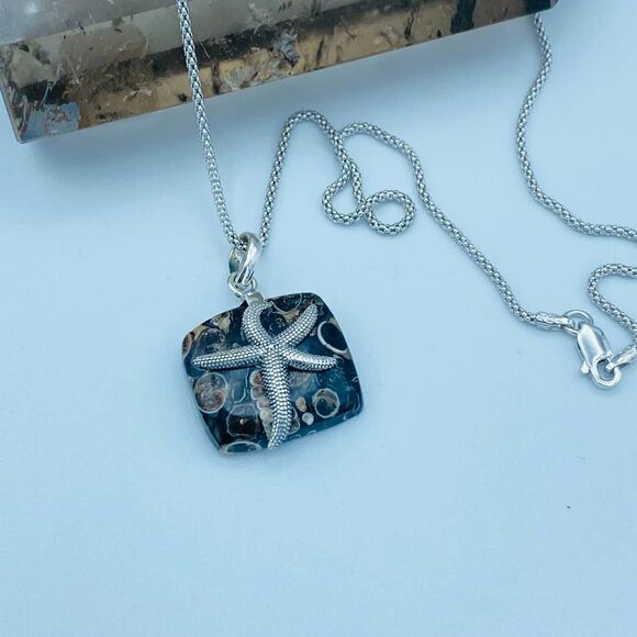 Turritella Jasper Sterling Silver Starfish Necklace Popcorn Chain - Picture 3 of 7